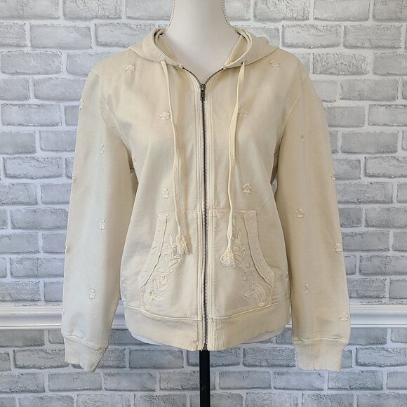 Sundance Embroidered Zip Up Hoodie Sweatshirt Jacket Cream Med Womens Cottage - Picture 2 of 10